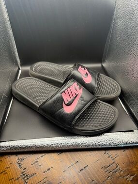 Nike Black Slide Sandals with Pink Swoosh